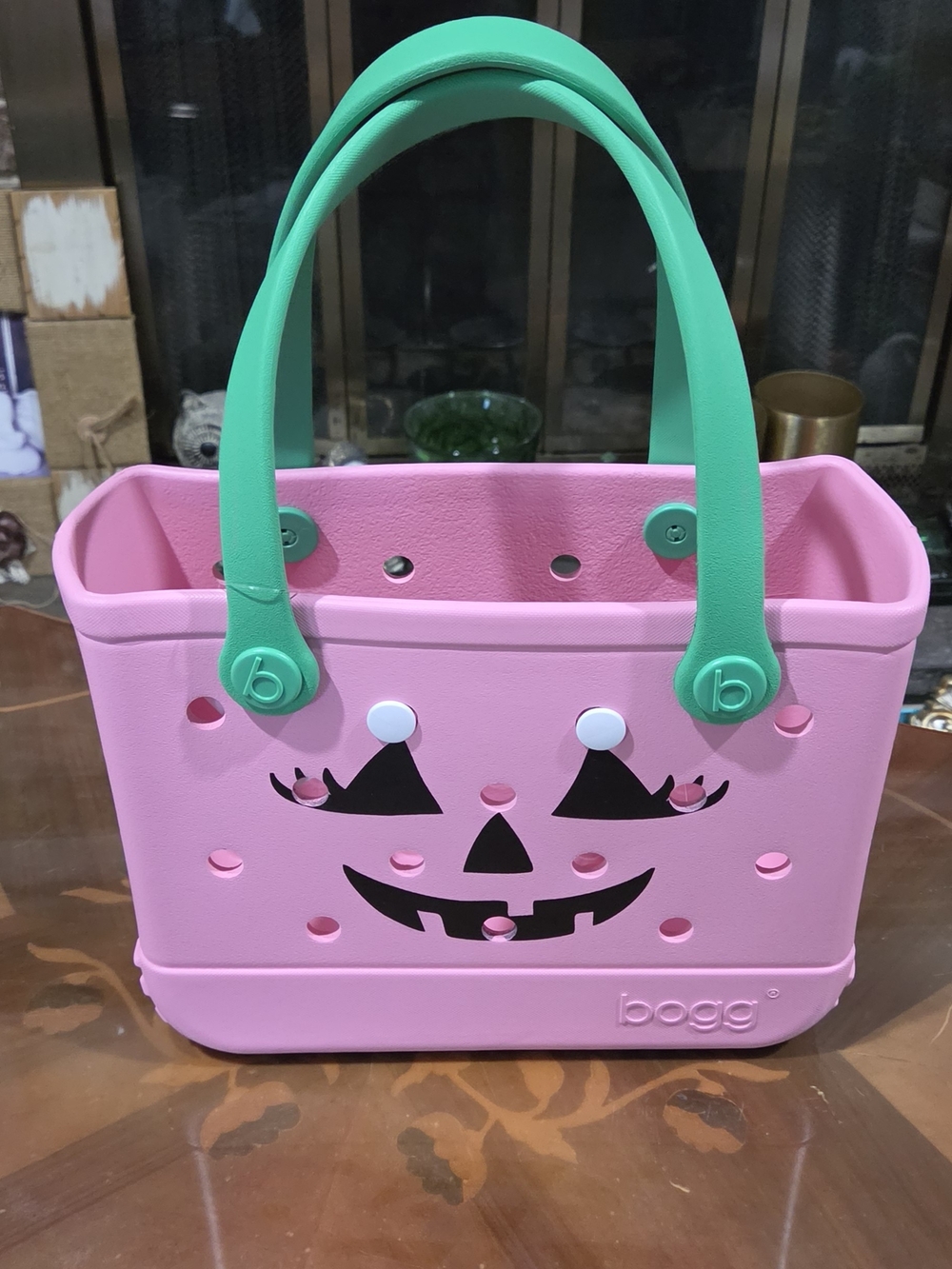 Bogg Bag Pink Pumpkin Tote with Green Handles